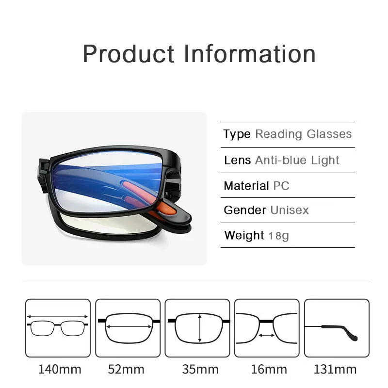 Läsglasögon / Folding Reading Glasses Diopter +1.0 to +4.0 Anti-blue Light