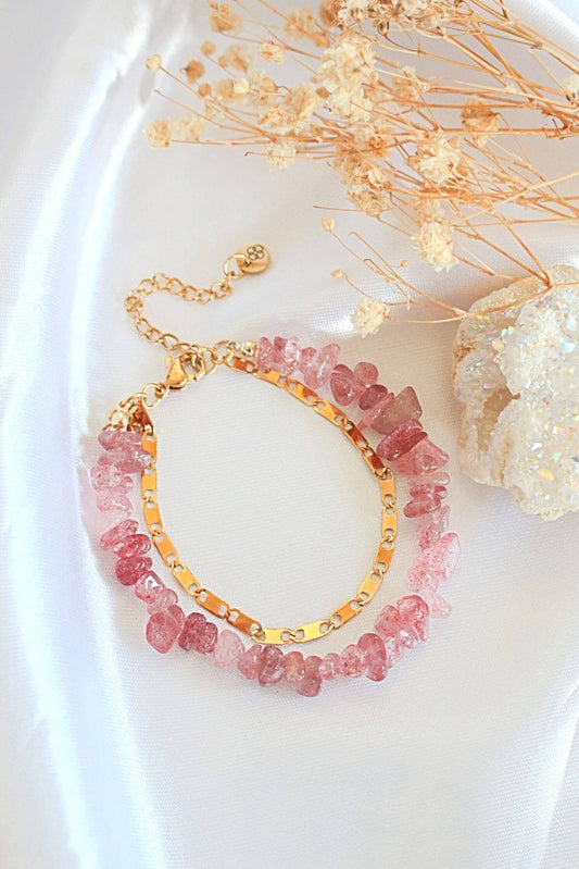 Armband/Strawberry Quartz & 24 Karats Double-Layered Bracelet
