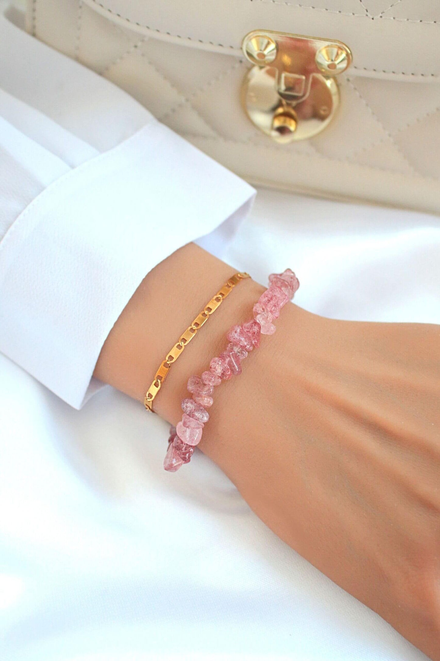 Armband/Strawberry Quartz & 24 Karats Double-Layered Bracelet
